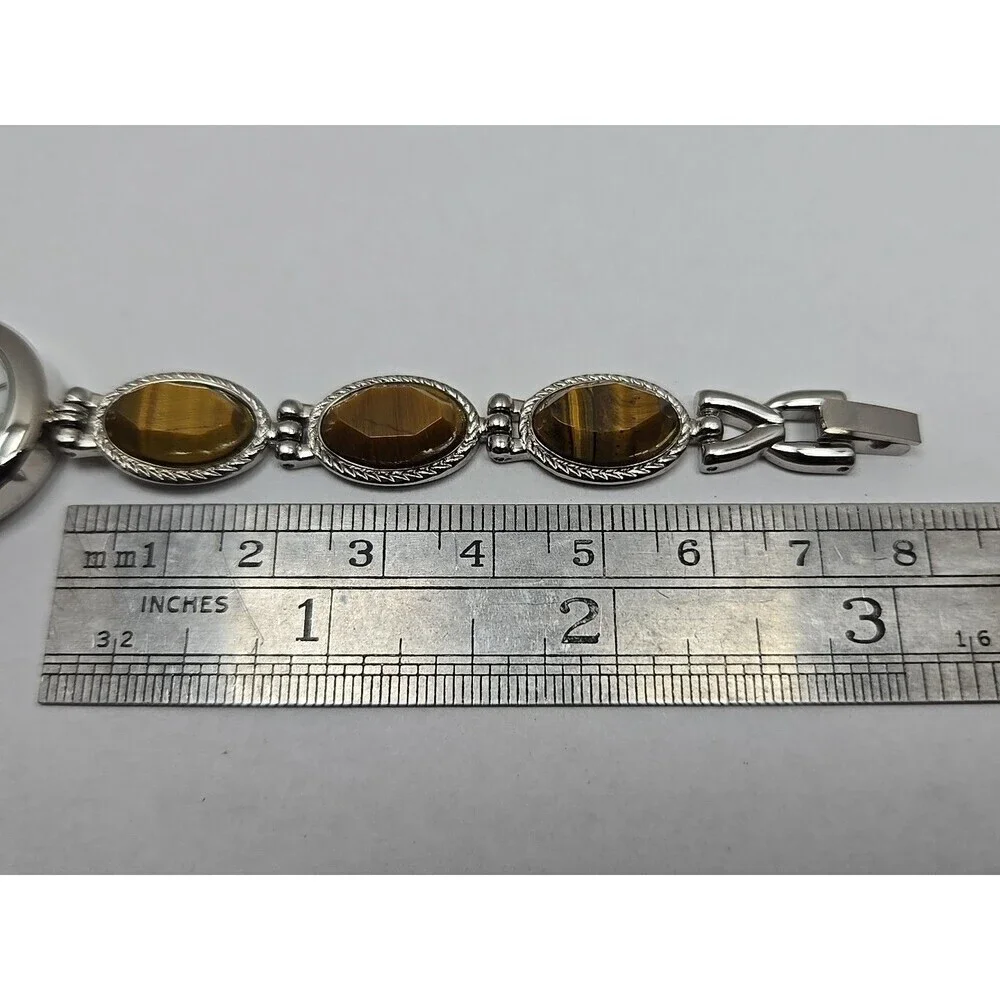Avon Tigers Eye Cabochon Bracelet Watch Quartz MOP Dial New Battery Steel Back